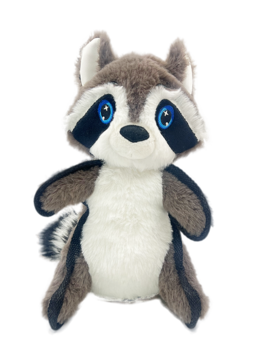 Pet Toy Plush Stuffed Dog Toy for Small Breed, Squeaky Fun Raccoon Shape Teeth Grinding Chew Toy with Crinkle Paper Tail, Dog Treat Toy Bite Ball Soft Squeaker for Puppies and Pups Chewing