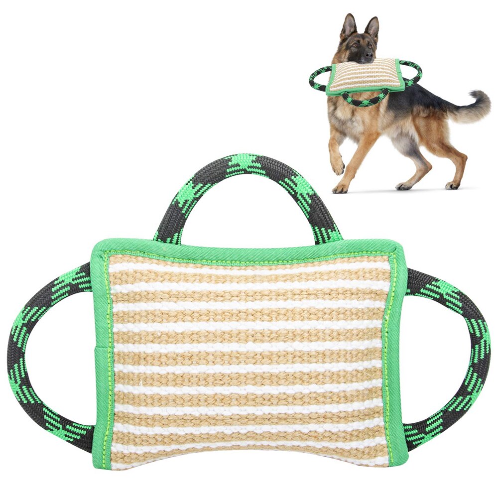 Dog Training Bite Pillow Linen Green Tug Toy with 3 Durable Handles, Tough Tug Toy for Medium to Large Dogs Interactive Playing, Ideal for Tug of War, K9, IPO, Puppy Training( 11 Inch × 7.8 Inch)