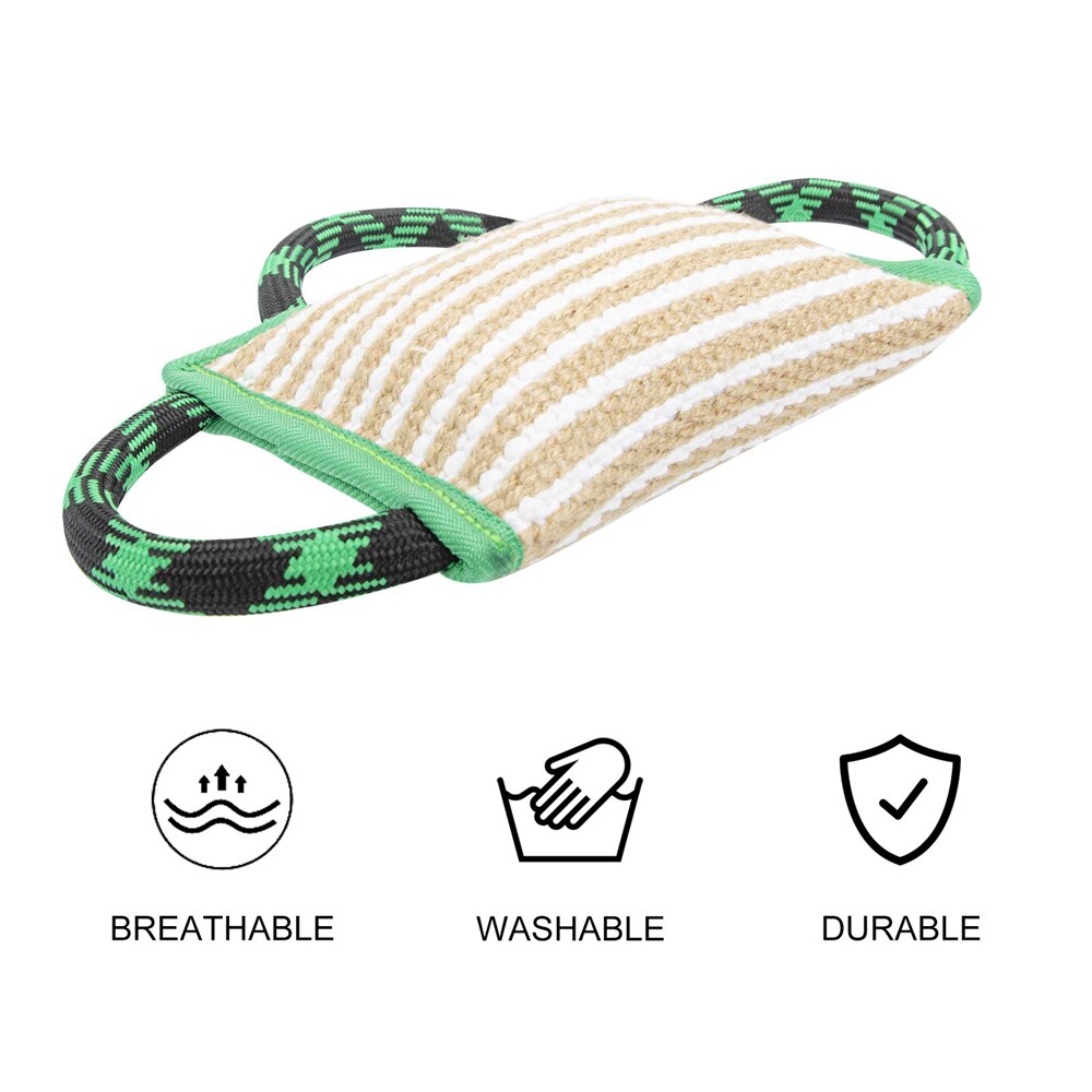 Dog Training Bite Pillow Linen Green Tug Toy with 3 Durable Handles, Tough Tug Toy for Medium to Large Dogs Interactive Playing, Ideal for Tug of War, K9, IPO, Puppy Training( 11 Inch × 7.8 Inch)