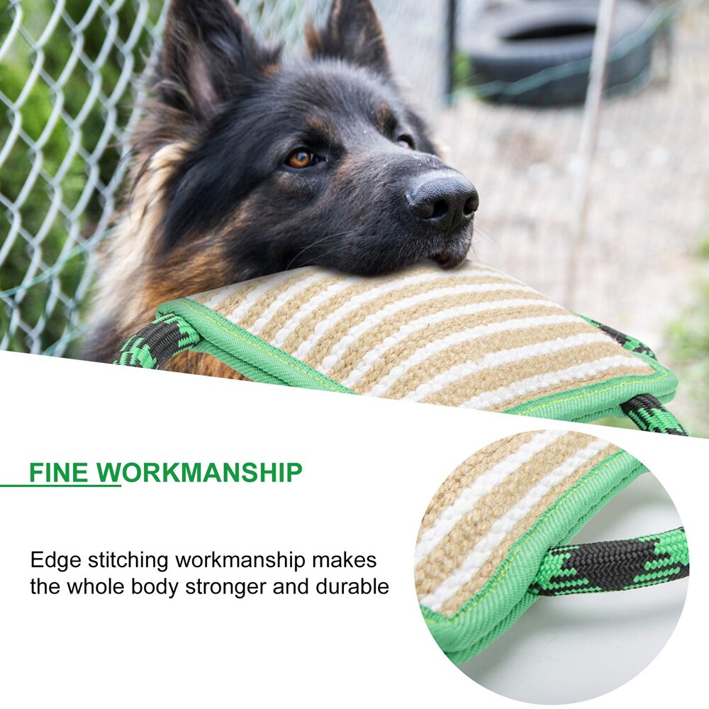 Dog Training Bite Pillow Linen Green Tug Toy with 3 Durable Handles, Tough Tug Toy for Medium to Large Dogs Interactive Playing, Ideal for Tug of War, K9, IPO, Puppy Training( 11 Inch × 7.8 Inch)