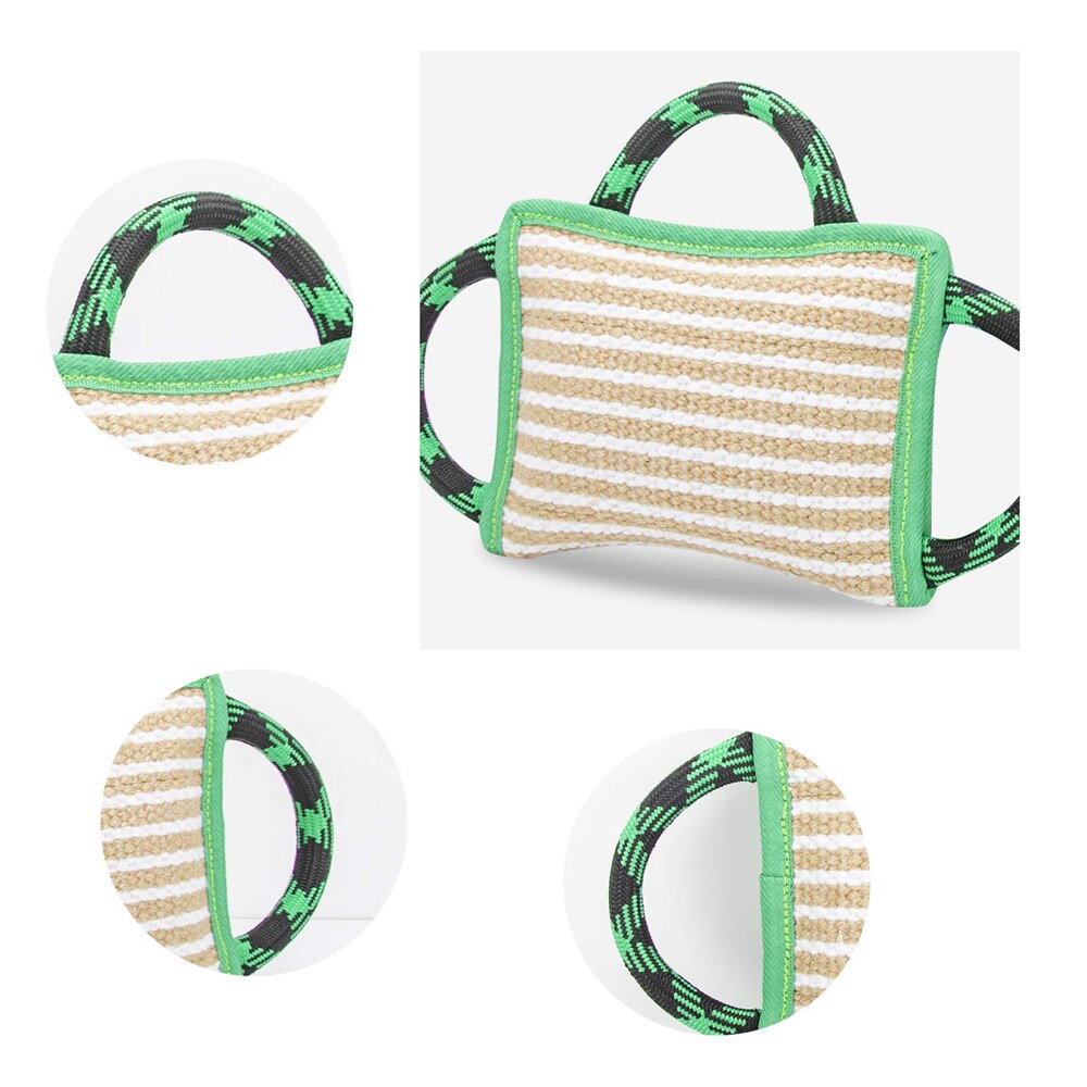 Dog Training Bite Pillow Linen Green Tug Toy with 3 Durable Handles, Tough Tug Toy for Medium to Large Dogs Interactive Playing, Ideal for Tug of War, K9, IPO, Puppy Training( 11 Inch × 7.8 Inch)