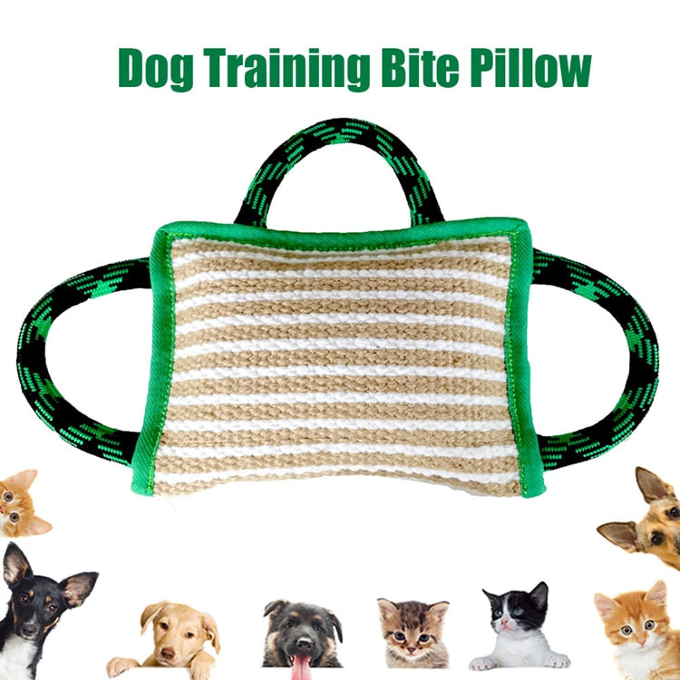 Dog Training Bite Pillow Linen Green Tug Toy with 3 Durable Handles, Tough Tug Toy for Medium to Large Dogs Interactive Playing, Ideal for Tug of War, K9, IPO, Puppy Training( 11 Inch × 7.8 Inch)